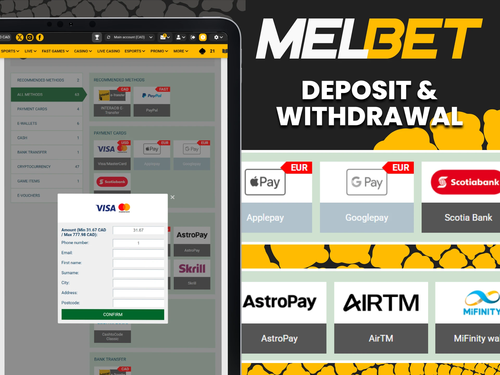 Convenient payment methods are available on the Melbet website.