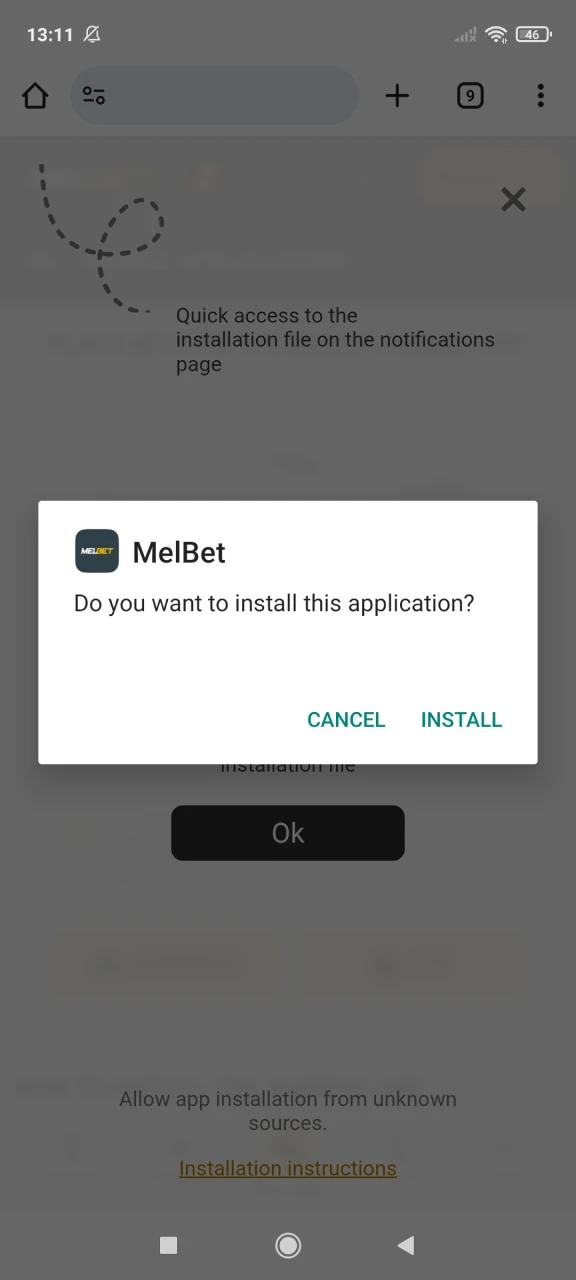 Install the Melbet application on your Android device.