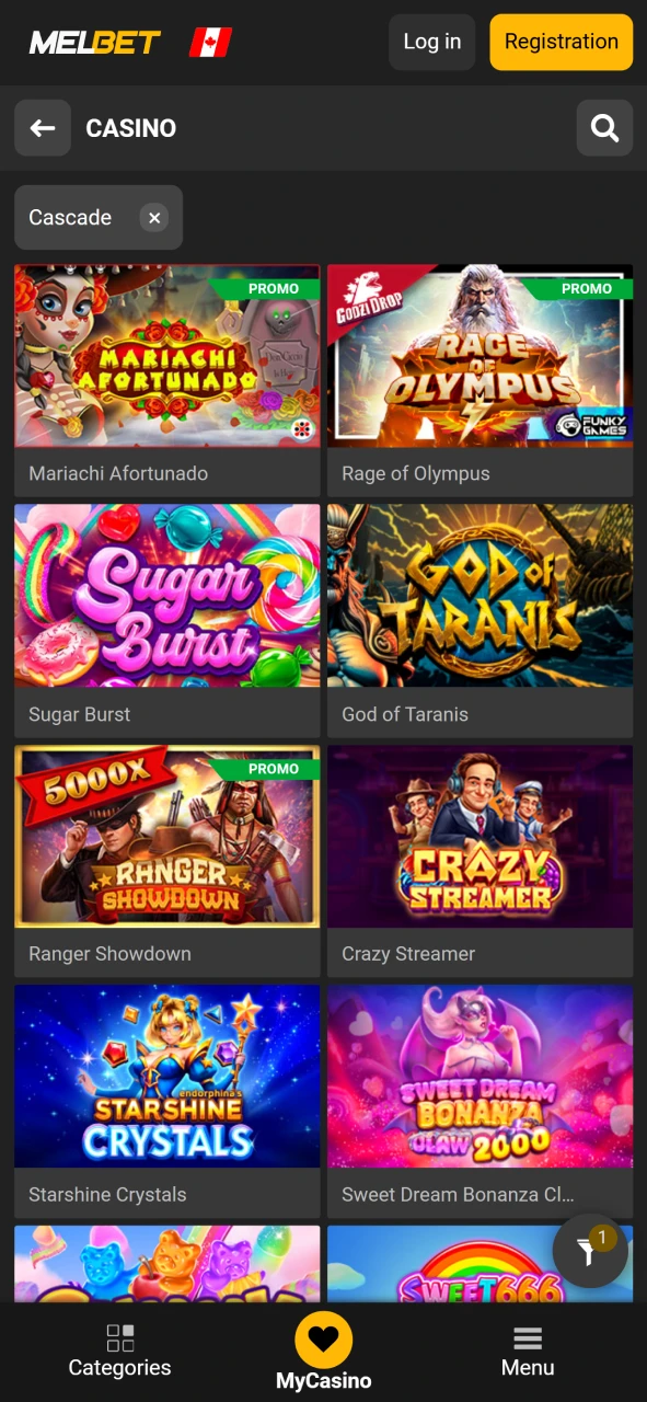 The Melbet app has a casino section.