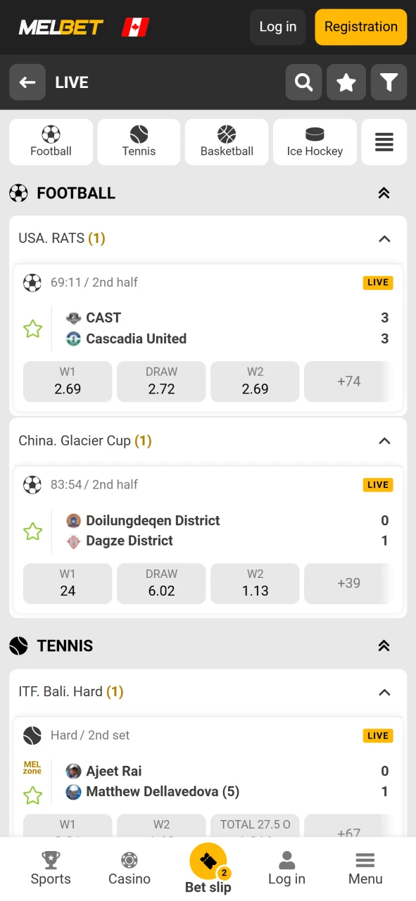 Explore the sports section of the Melbet application.
