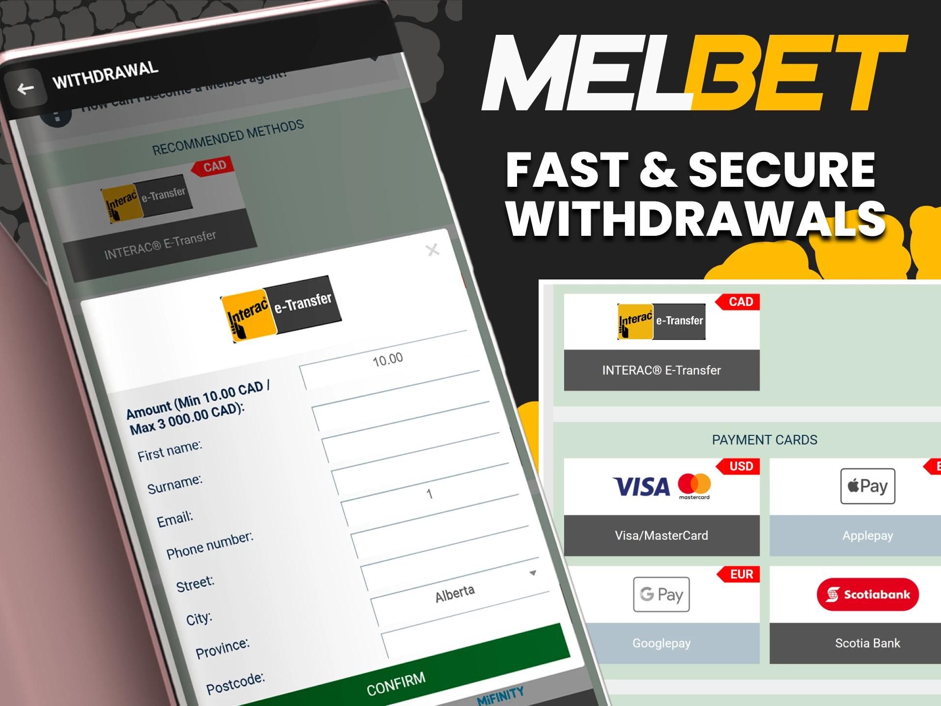 Withdraw funds in a convenient way in the Melbet application.