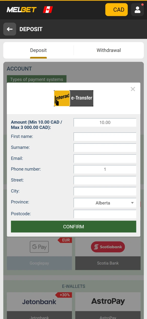 Fill in the details when replenishing the deposit on Melbet.