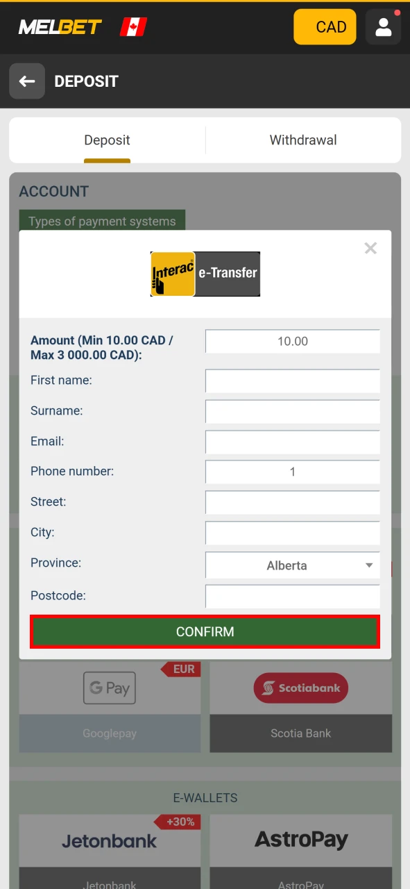 Confirm your deposit on Melbet.