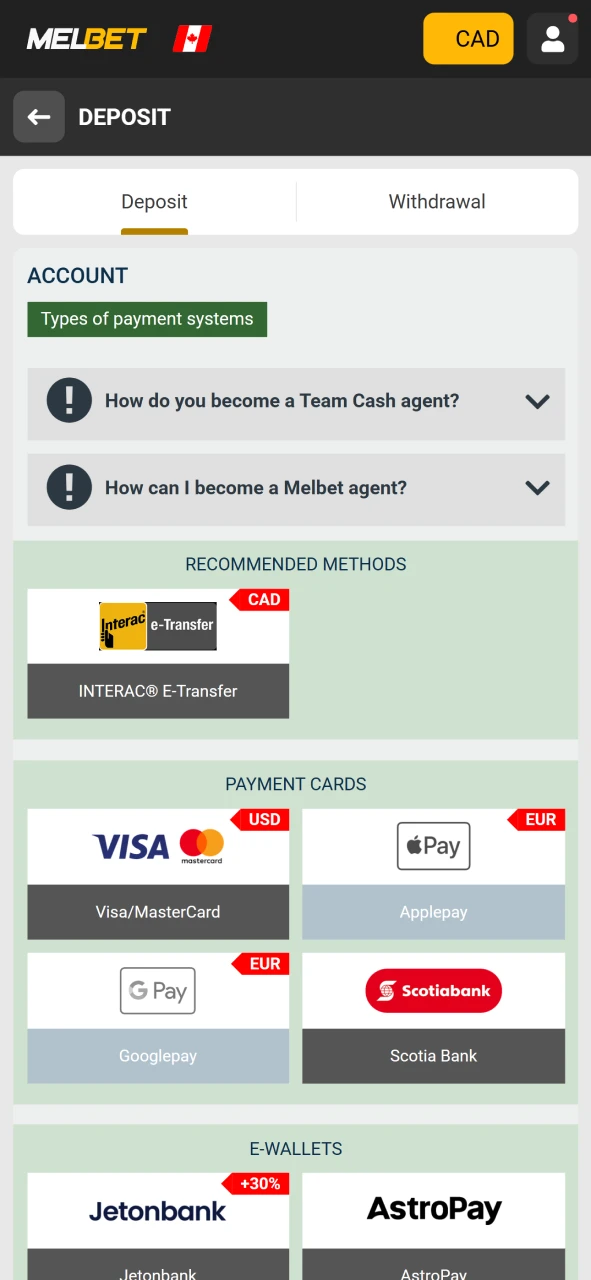 Select a deposit method on Melbet.