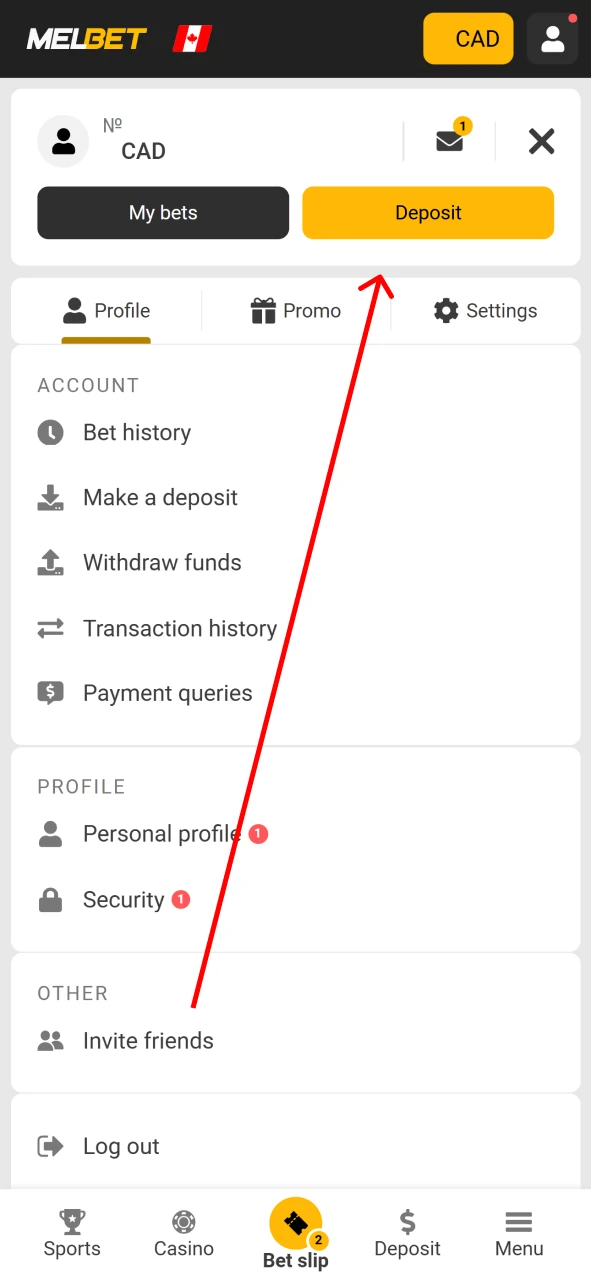 Open the deposit window on Melbet.