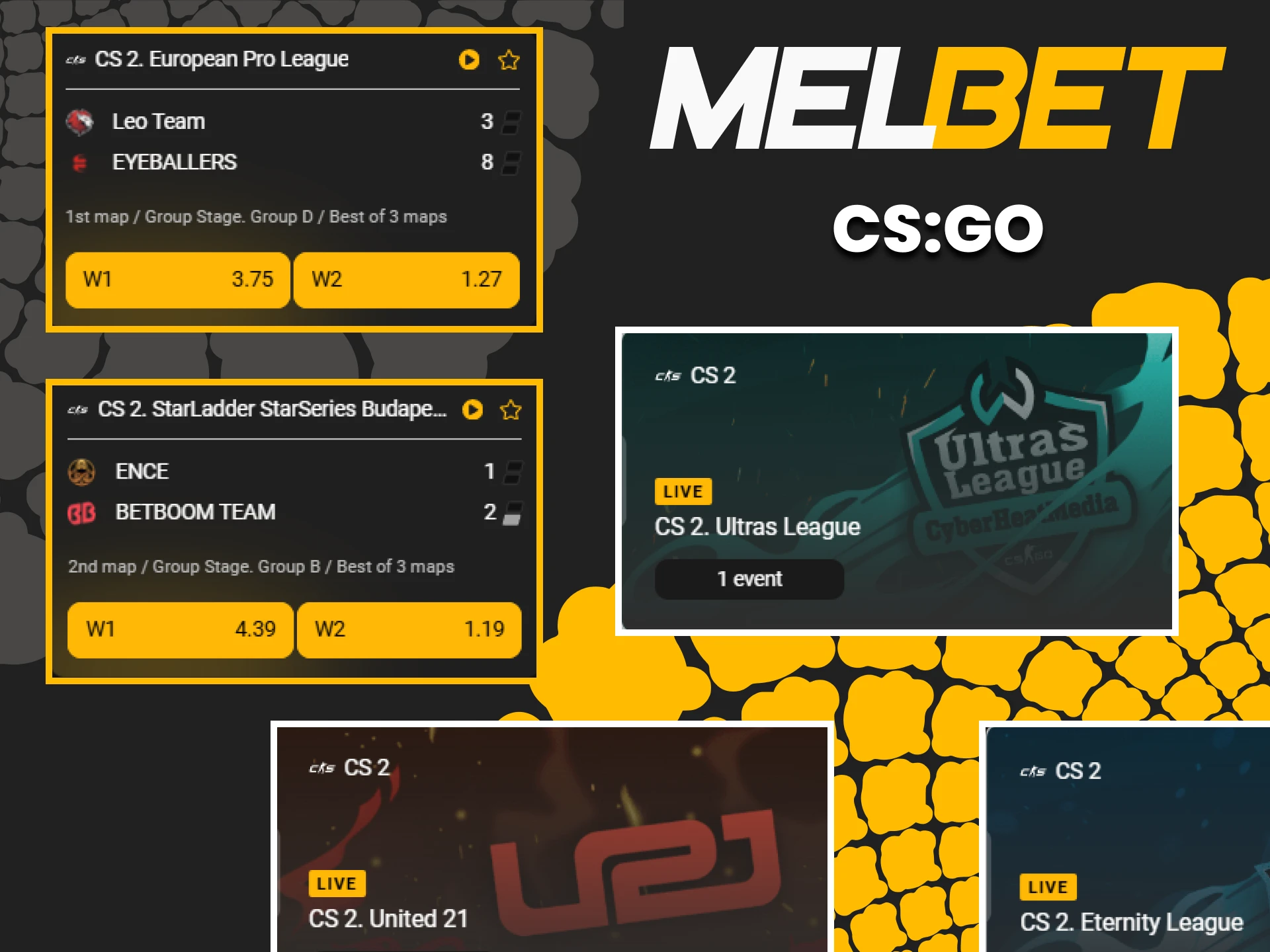 CS GO is one of the choices for betting on esports on the Melbet website.