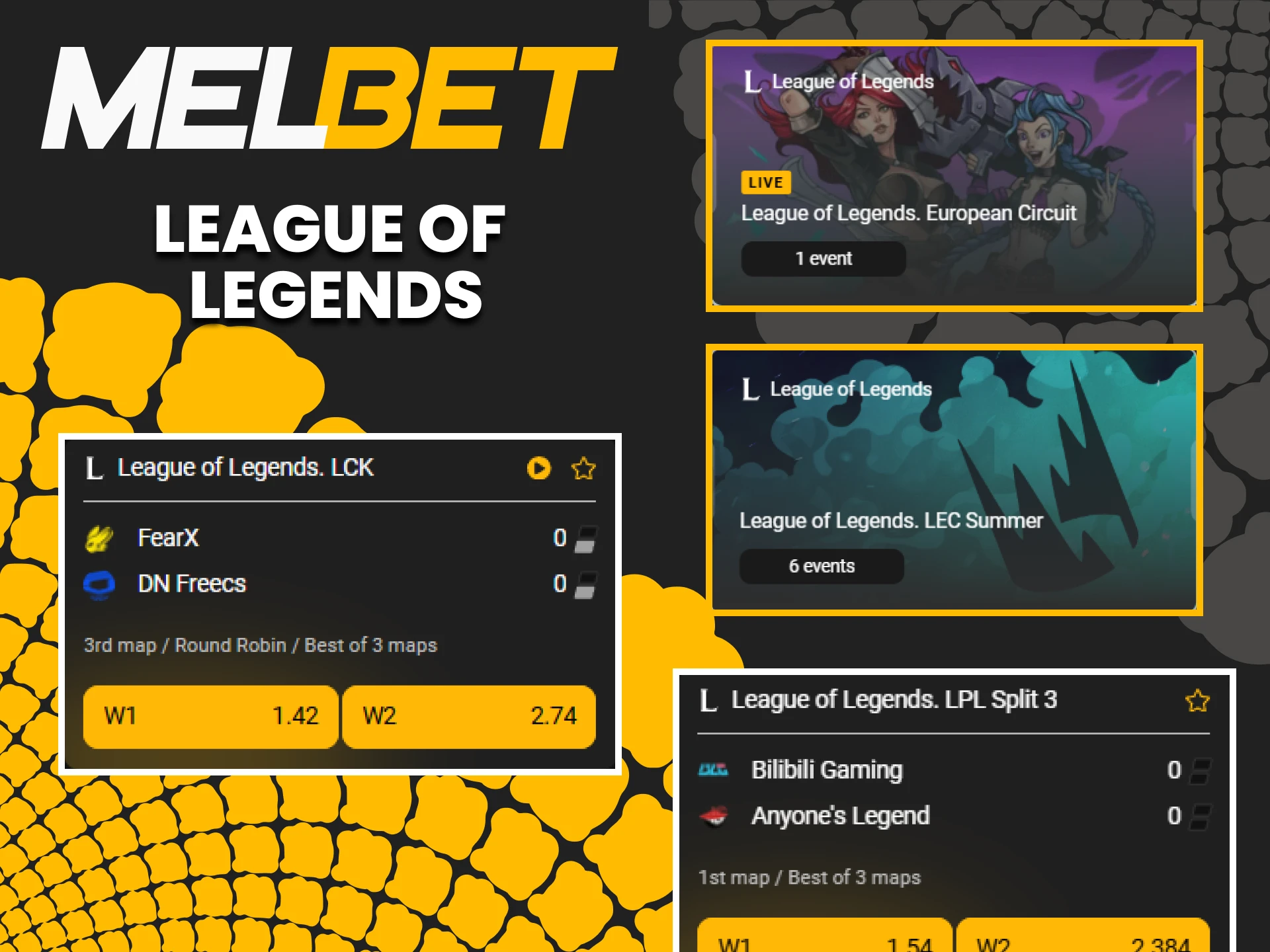 You can place a bet on the LoL game in the esports section of the Melbet website.
