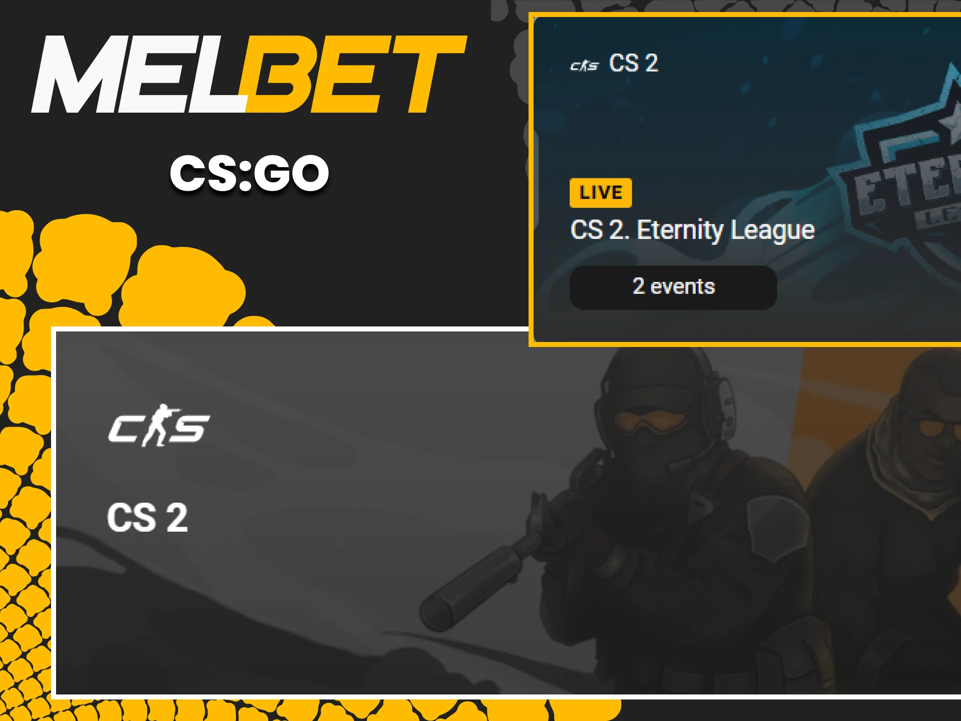 Go to the Melbet cyber sports section for betting on CS GO.