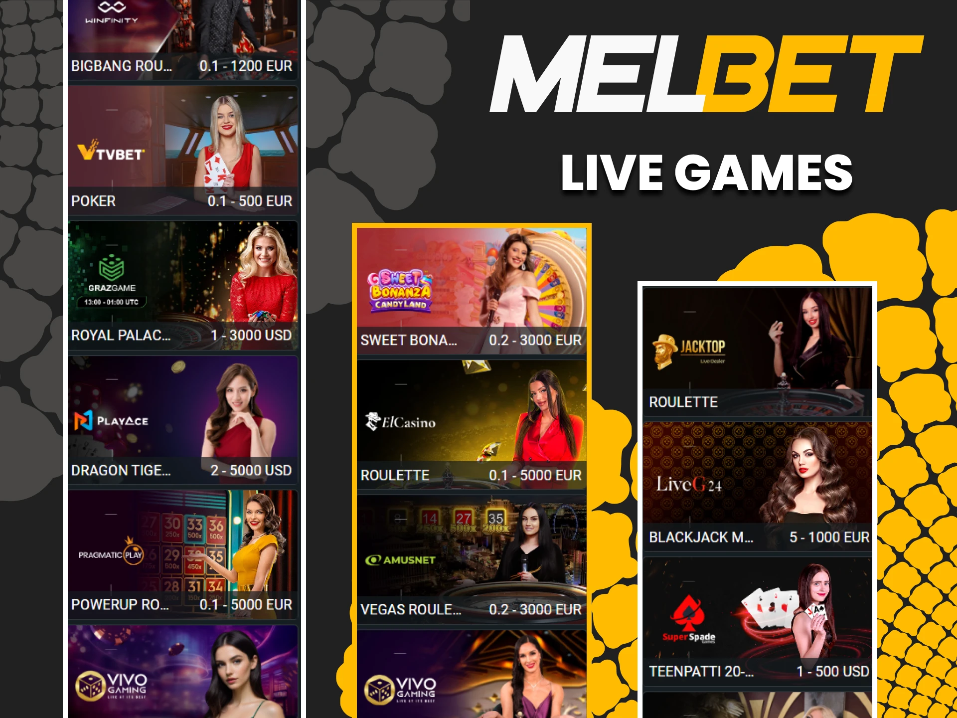 Play live casino games from Melbet.