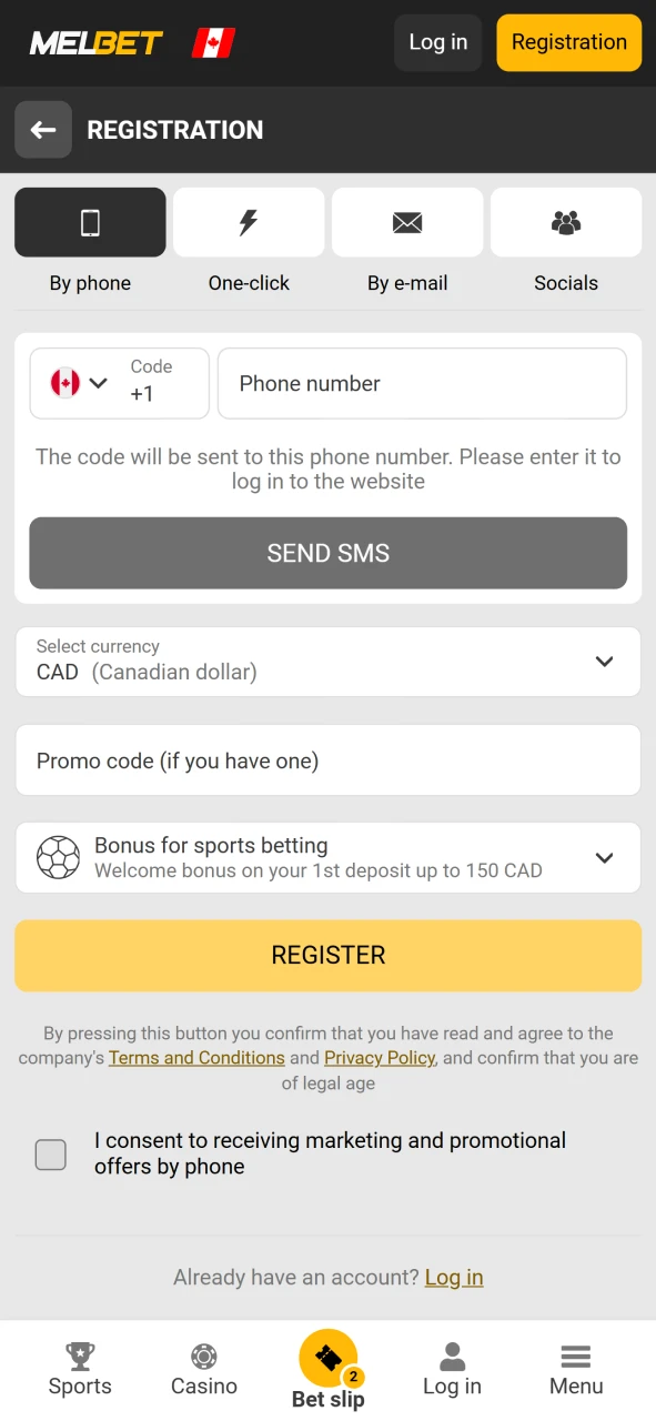 Select a registration method on Melbet.