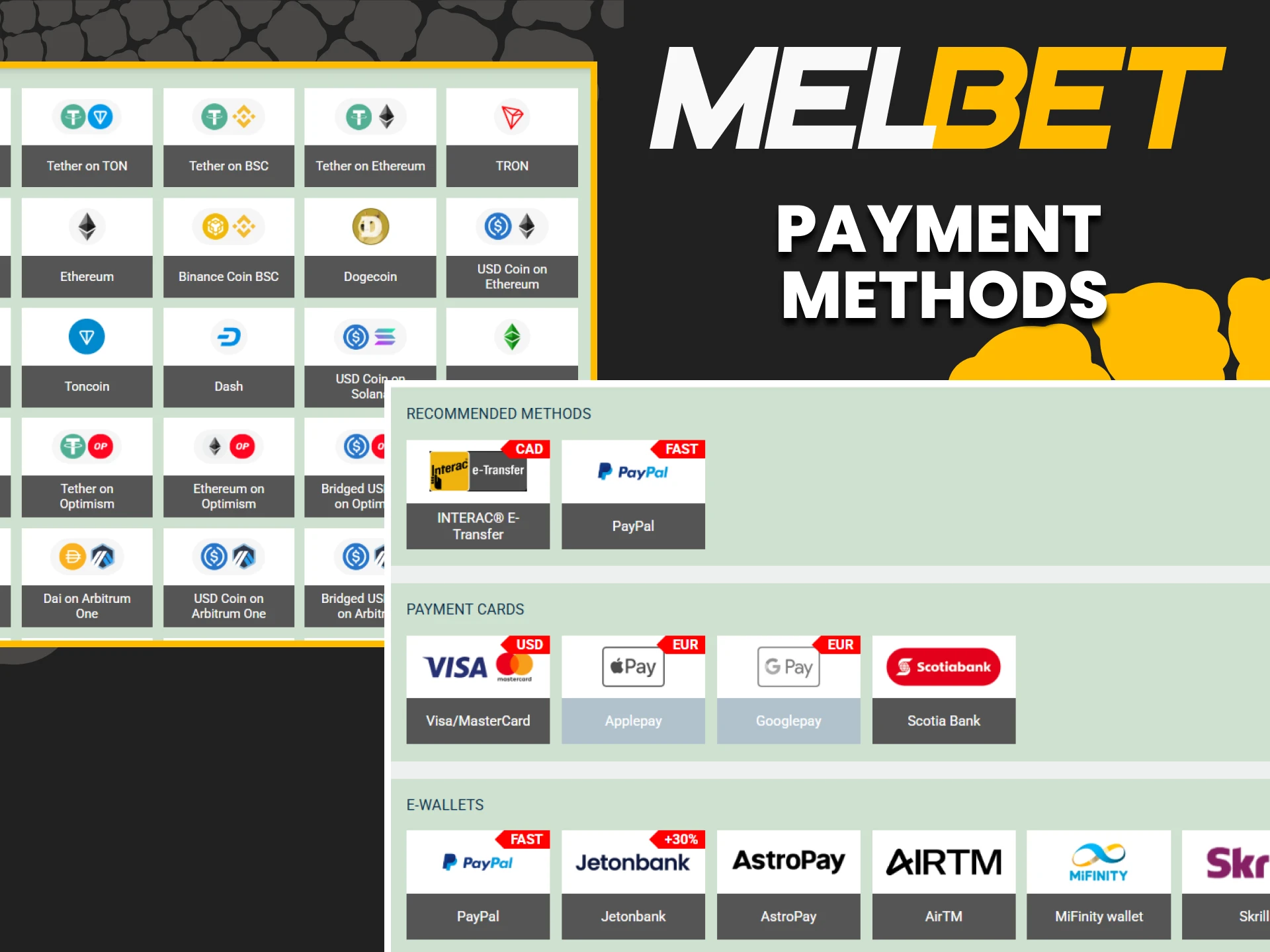 Melbet has a variety of payment methods for sports betting.