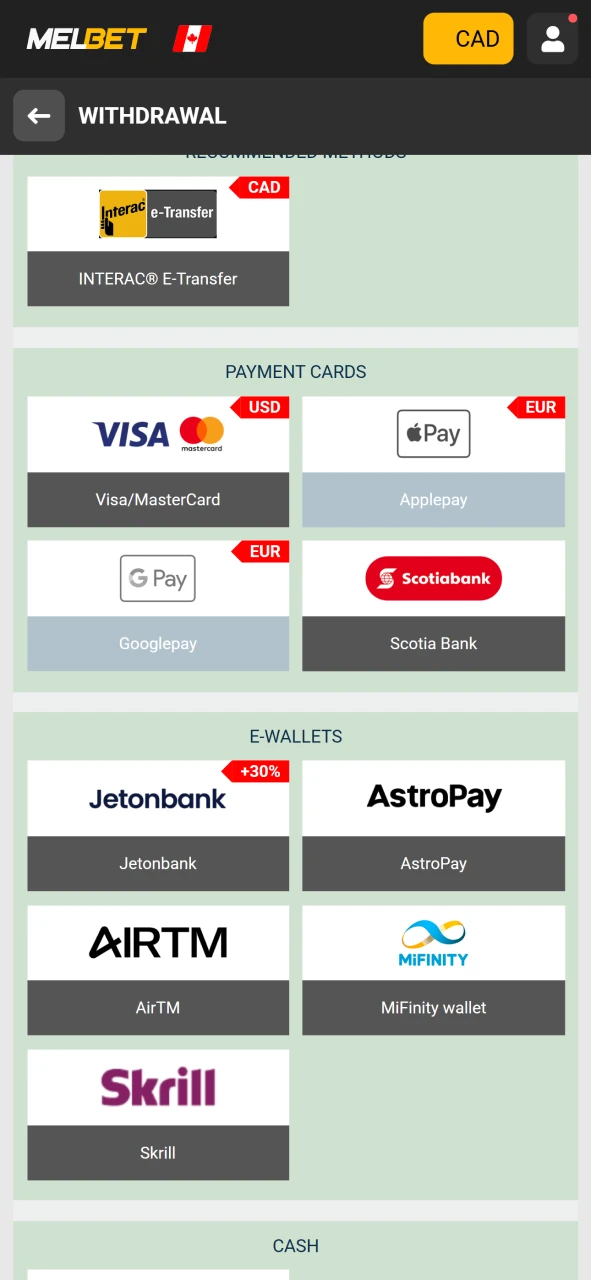 Choose a convenient method for withdrawing funds to Melbet.