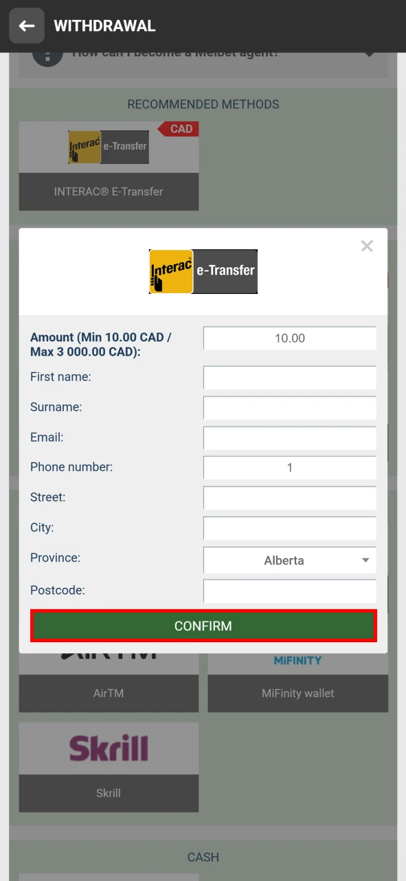 Confirm withdrawal to Melbet.