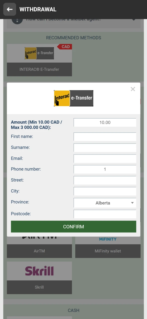 Fill in the details to withdraw funds to Melbet.