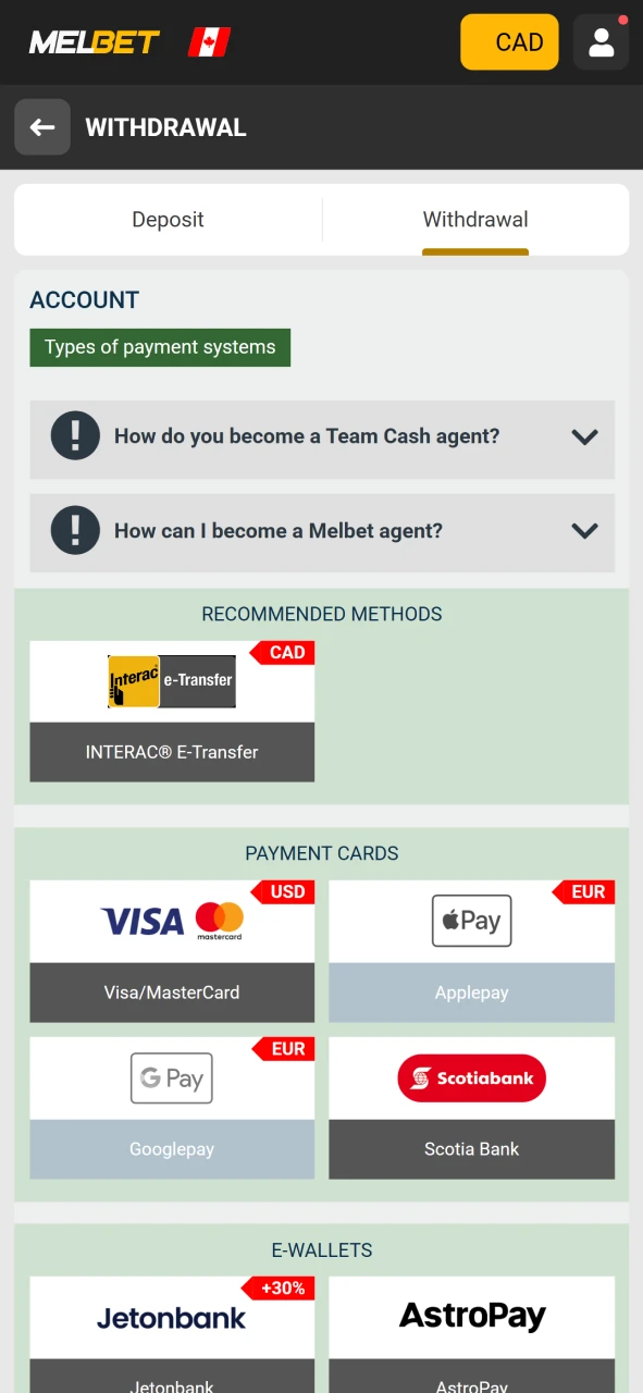 Open the Melbet withdrawal section.